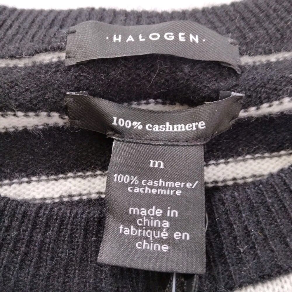 Halogen Cashmere Sweater Crew Neck Black Ivory Striped Long Sleeve Womens Size M - Picture 4 of 9